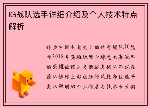 IG战队选手详细介绍及个人技术特点解析